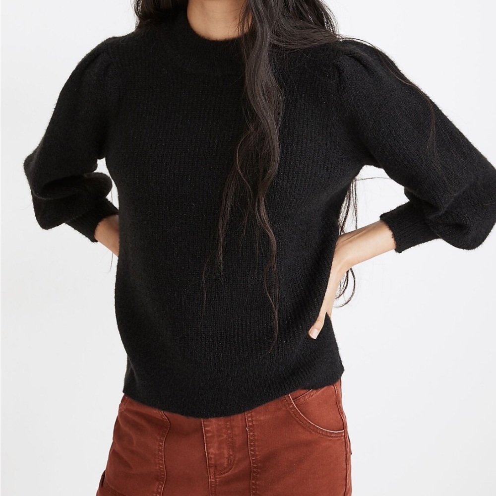 Madewell Eaton Puff-Sleeve Pullover Sweater Shrunken Fit Black Sparkle Large